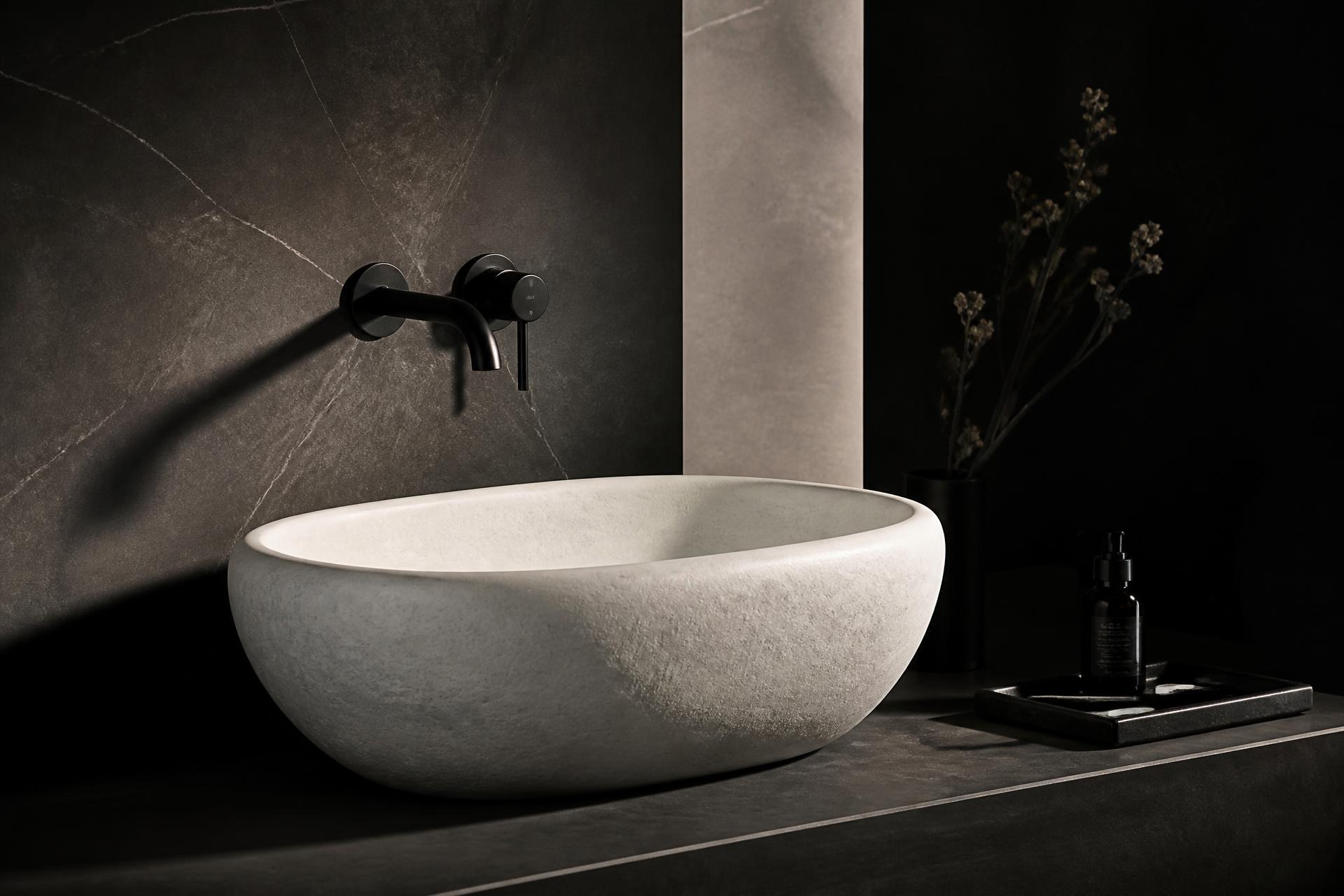 Luxury bathroom with matte black faucet and stone basin